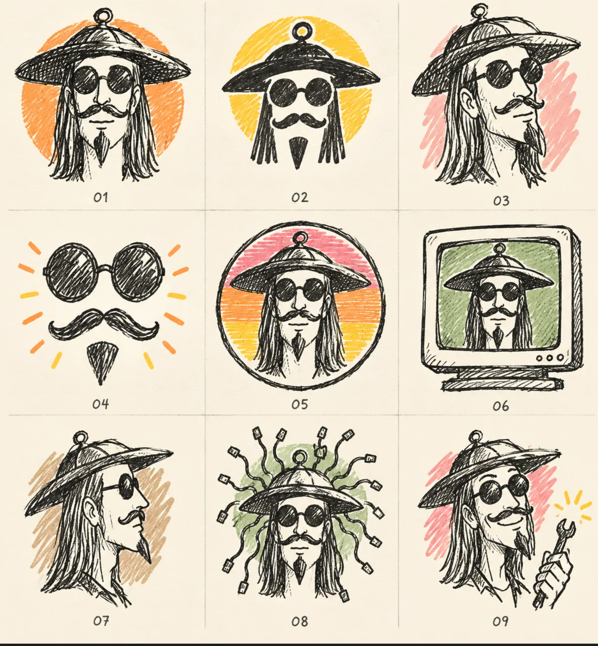 Planche de neuf illustrations du personnage HEEBOO, homme aux cheveux longs, chapeau, lunettes rondes, moustache et barbe.
